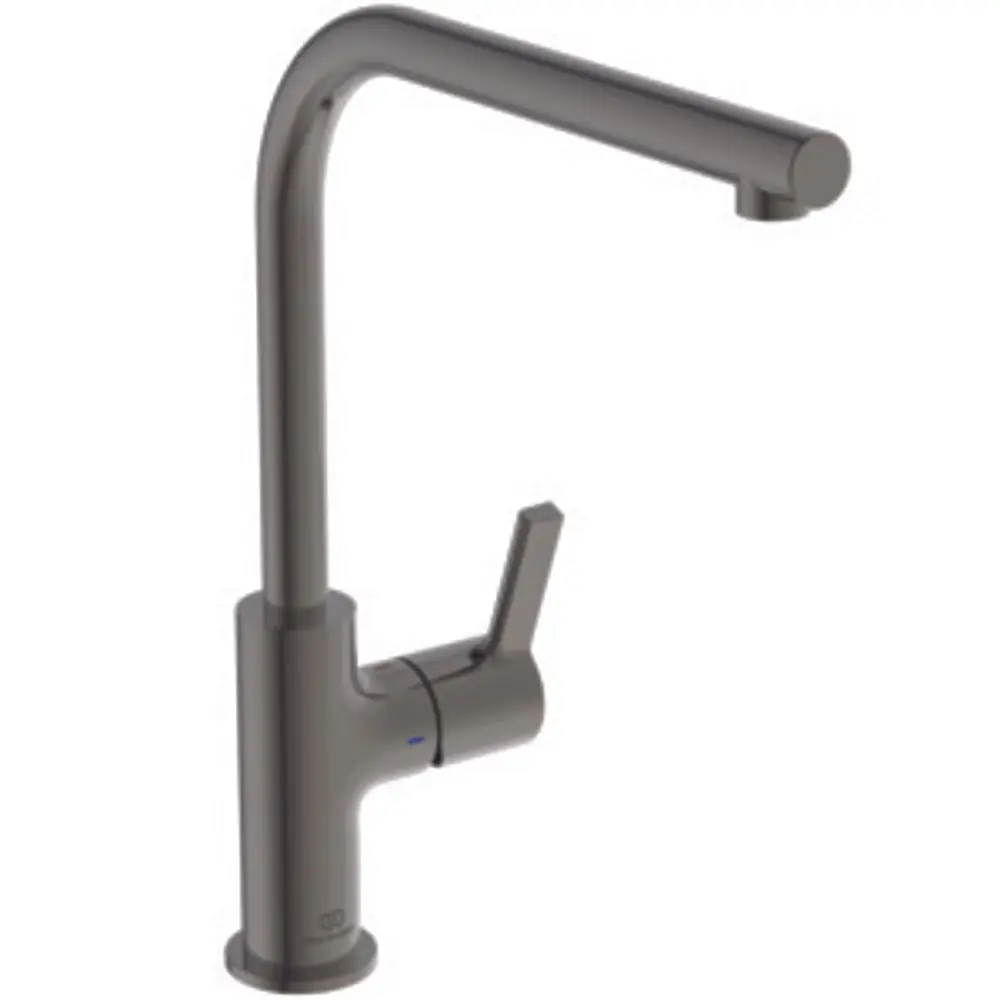 Küchenarmatur in mattem Grau von Ideal Standard mit hohem Auslauf und seitlichem Hebel zur Steuerung von Wasserfluss und Temperatur.